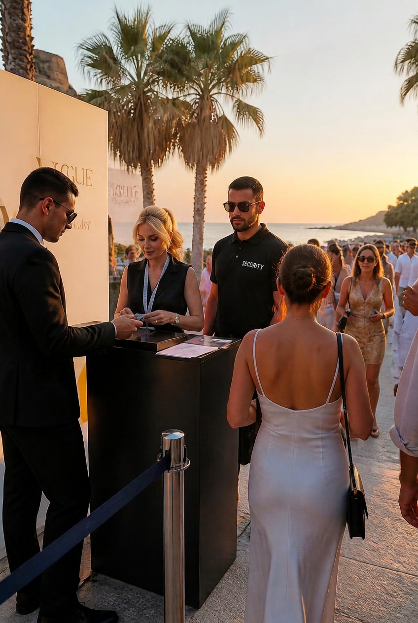 Desk accrediti gestito da personale RR Security al tramonto